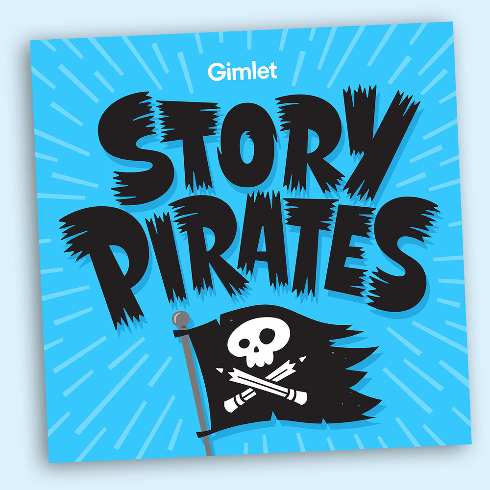 A blue background with transparent lines. In white, it states Gimlet. In Black it states Story Pirates.There is a black flag with a white skull and 2 pencils formed as an x.  