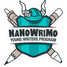 2 pencils formed as an x, a teal shield and viking hat on top