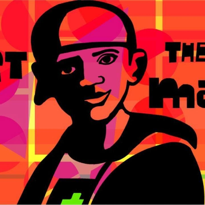 Colorful graphic illustration of a person wearing a sideways baseball cap, shown from the shoulders up. The portrait uses bold black outlines with bright pink, orange, red, and purple geometric shapes in the face and background. Partial text appears around the figure, but it is cropped and not fully readable. The design has a modern, urban, pop-art style with high contrast and vibrant colors.