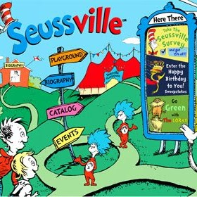 **Alt Text:** Illustration of Dr. Seuss’s “Seussville,” a colorful, cartoon-style map featuring winding paths leading to labeled destinations such as Biography, Playground, Catalog, Events, and Photography. Several Dr. Seuss characters walk along the paths, while a large signboard on the right displays a birthday message and greeting options. Bright blue skies, green grass, and whimsical red-and-white striped decorations create a playful, imaginative atmosphere.